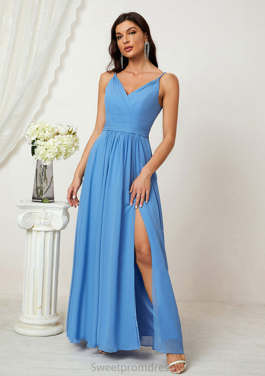 A-line V Neck Sleeveless Chiffon Long/Floor-Length Bridesmaid Dresses With Split Pleated Angeline DHP0025362