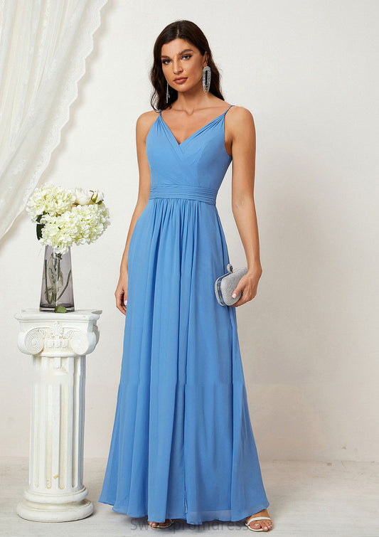 A-line V Neck Sleeveless Chiffon Long/Floor-Length Bridesmaid Dresses With Split Pleated Angeline DHP0025362