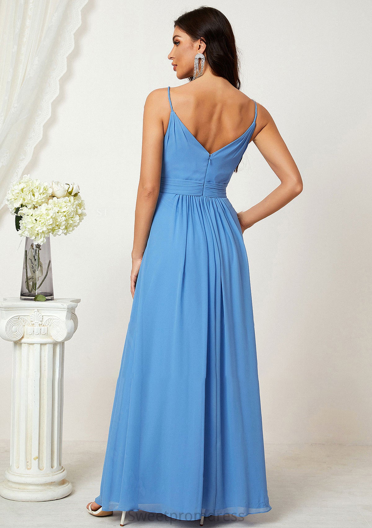 A-line V Neck Sleeveless Chiffon Long/Floor-Length Bridesmaid Dresses With Split Pleated Angeline DHP0025362