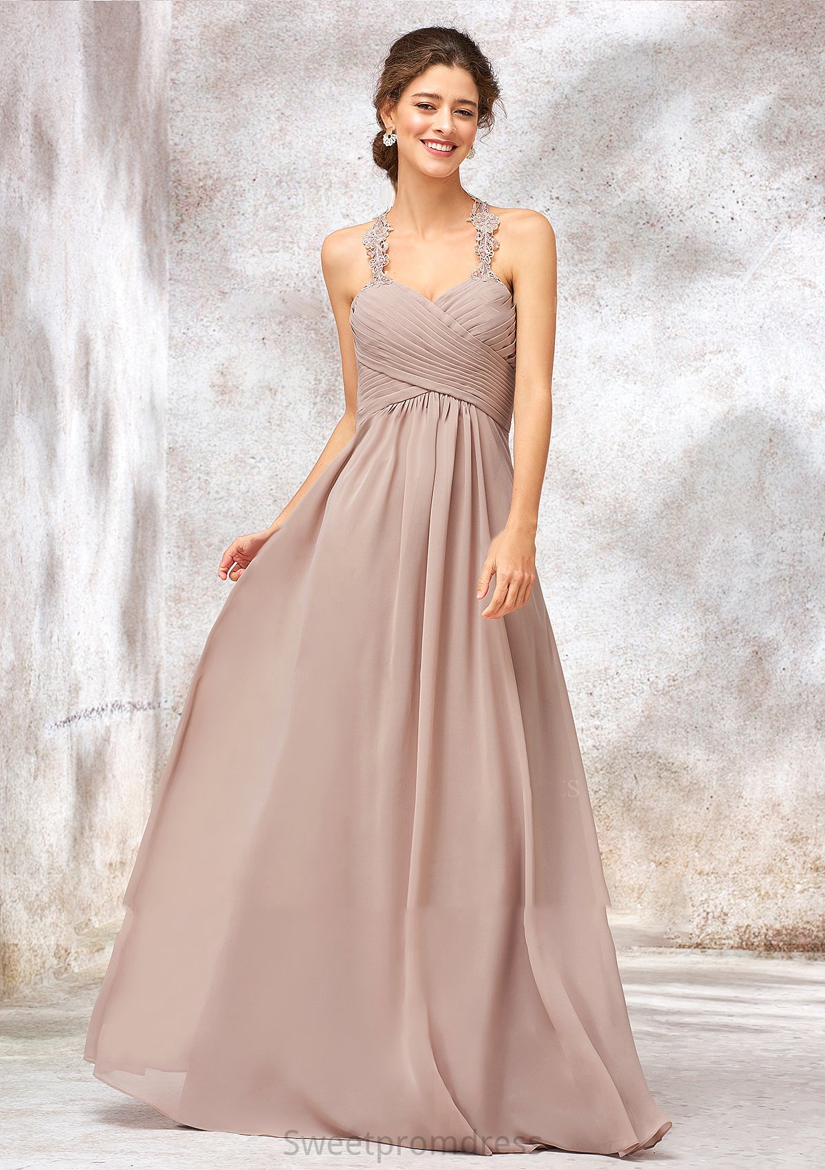 A-line Sweetheart Sleeveless Chiffon Long/Floor-Length Bridesmaid Dresses With Lace Pleated Mackenzie DHP0025365