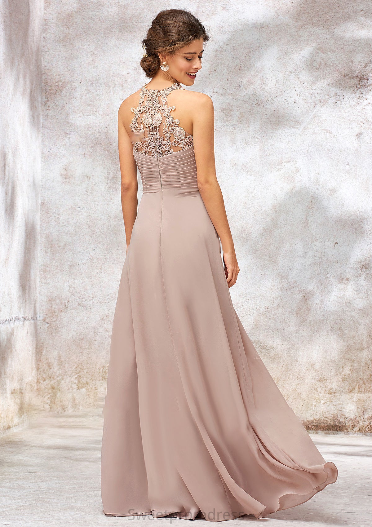 A-line Sweetheart Sleeveless Chiffon Long/Floor-Length Bridesmaid Dresses With Lace Pleated Mackenzie DHP0025365