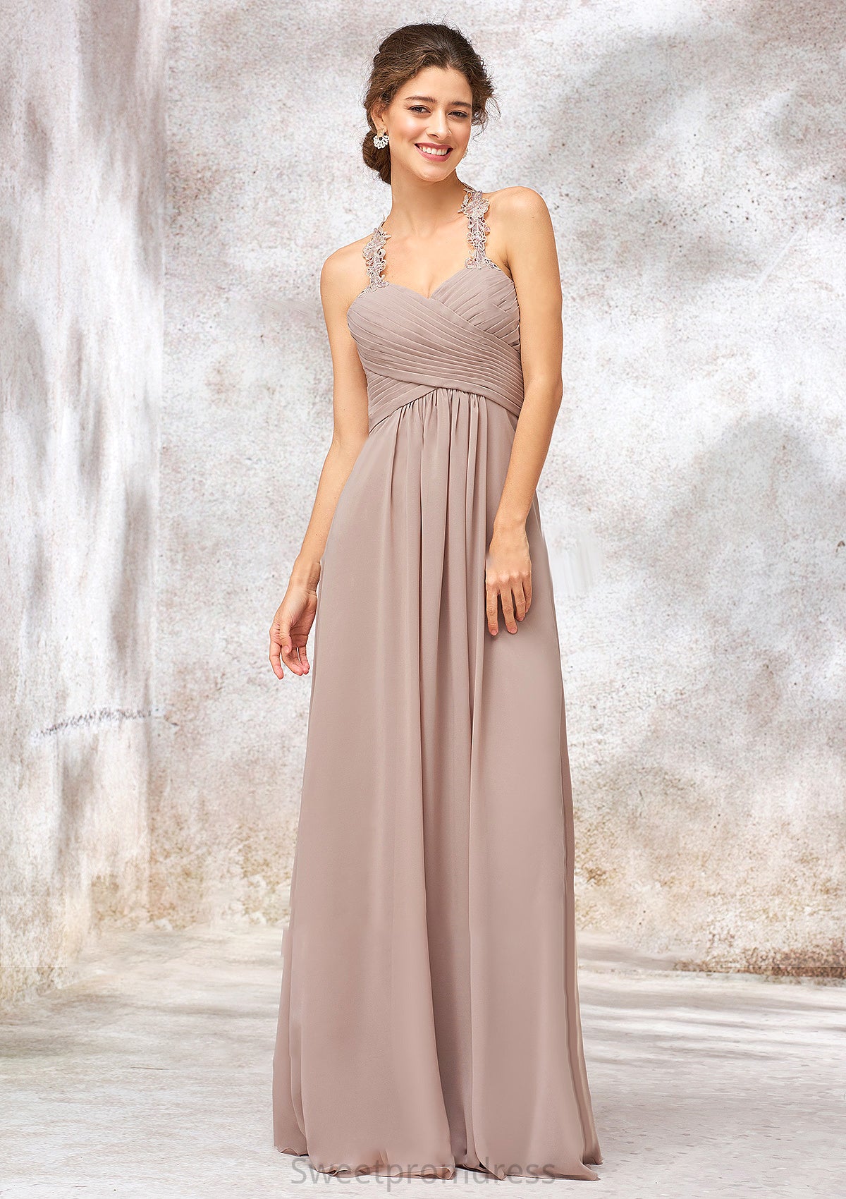 A-line Sweetheart Sleeveless Chiffon Long/Floor-Length Bridesmaid Dresses With Lace Pleated Mackenzie DHP0025365