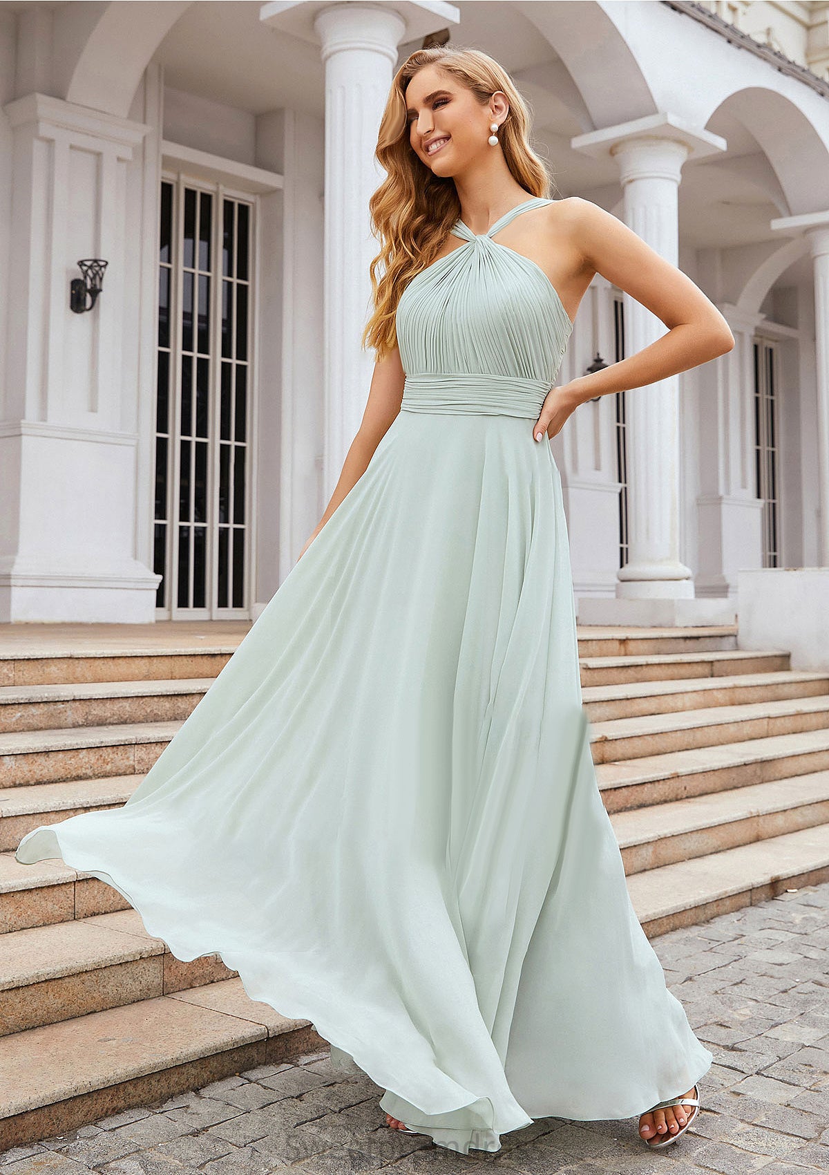 A-line Scalloped Neck Sleeveless Long/Floor-Length Chiffon Bridesmaid Dresses With Pleated Mina DHP0025366