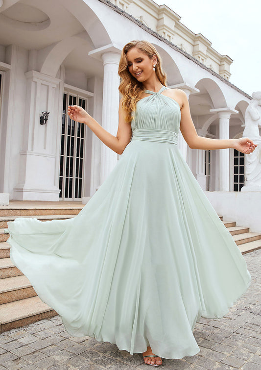 A-line Scalloped Neck Sleeveless Long/Floor-Length Chiffon Bridesmaid Dresses With Pleated Mina DHP0025366