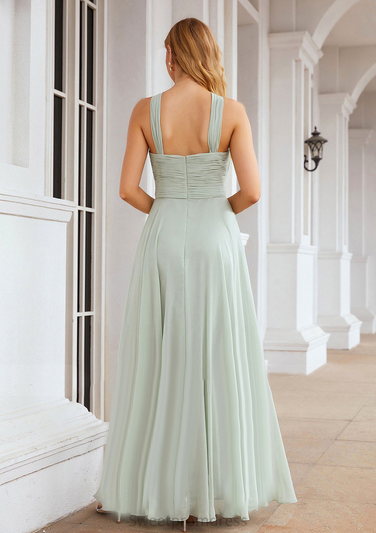 A-line Scalloped Neck Sleeveless Long/Floor-Length Chiffon Bridesmaid Dresses With Pleated Mina DHP0025366