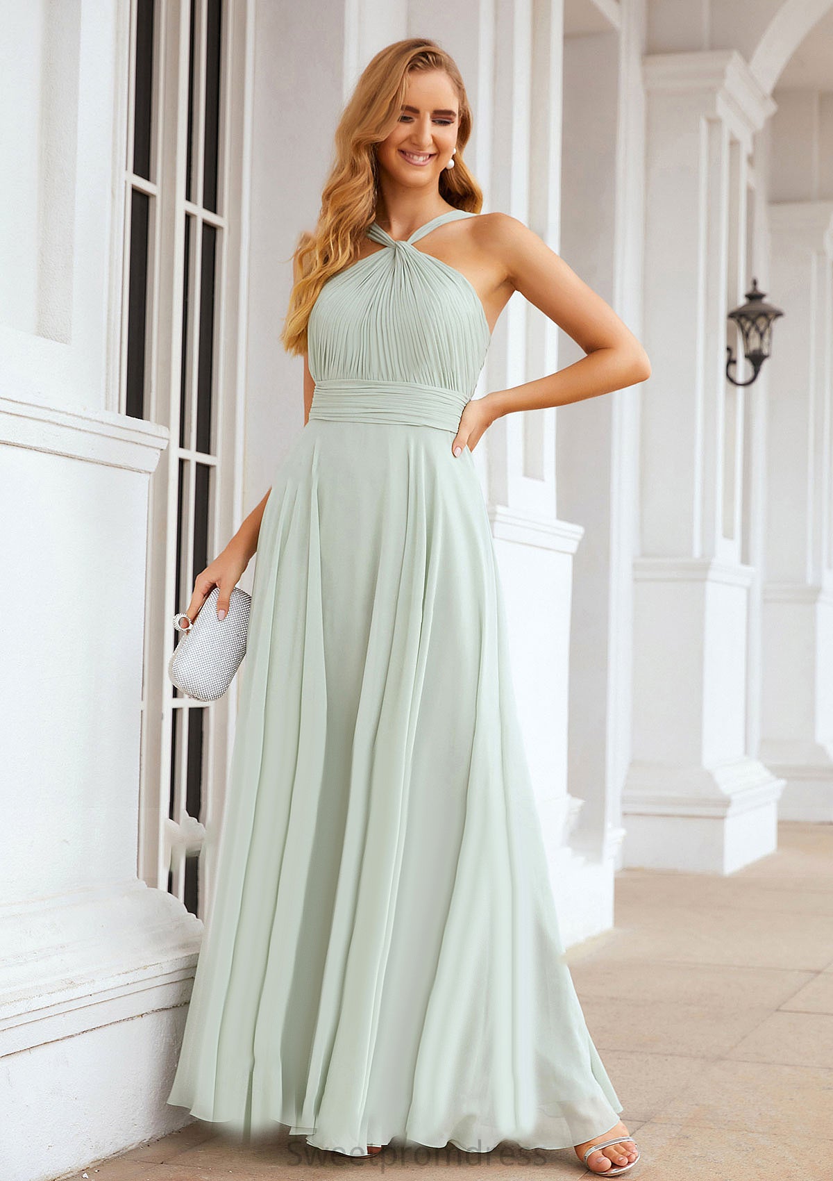 A-line Scalloped Neck Sleeveless Long/Floor-Length Chiffon Bridesmaid Dresses With Pleated Mina DHP0025366