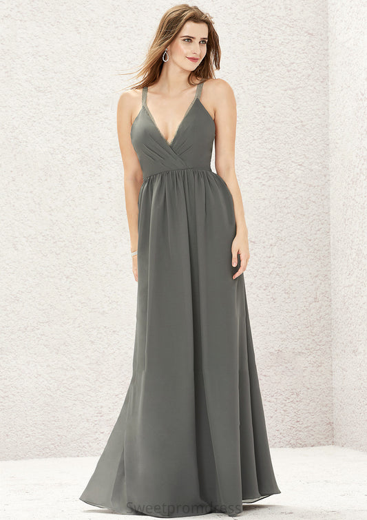 A-line V Neck Sleeveless Chiffon Long/Floor-Length Bridesmaid Dresses With Pleated Lace Nina DHP0025367