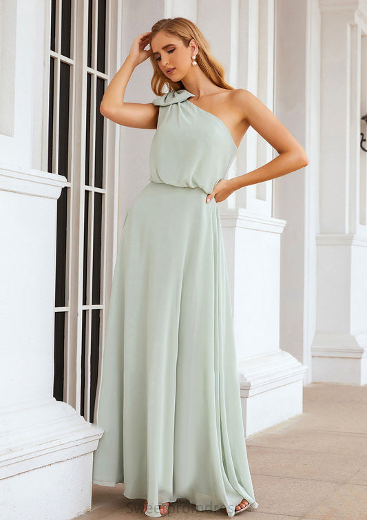 A-line One-Shoulder Sleeveless Long/Floor-Length Chiffon Bridesmaid Dresses With Shoulder Flower Ida DHP0025369