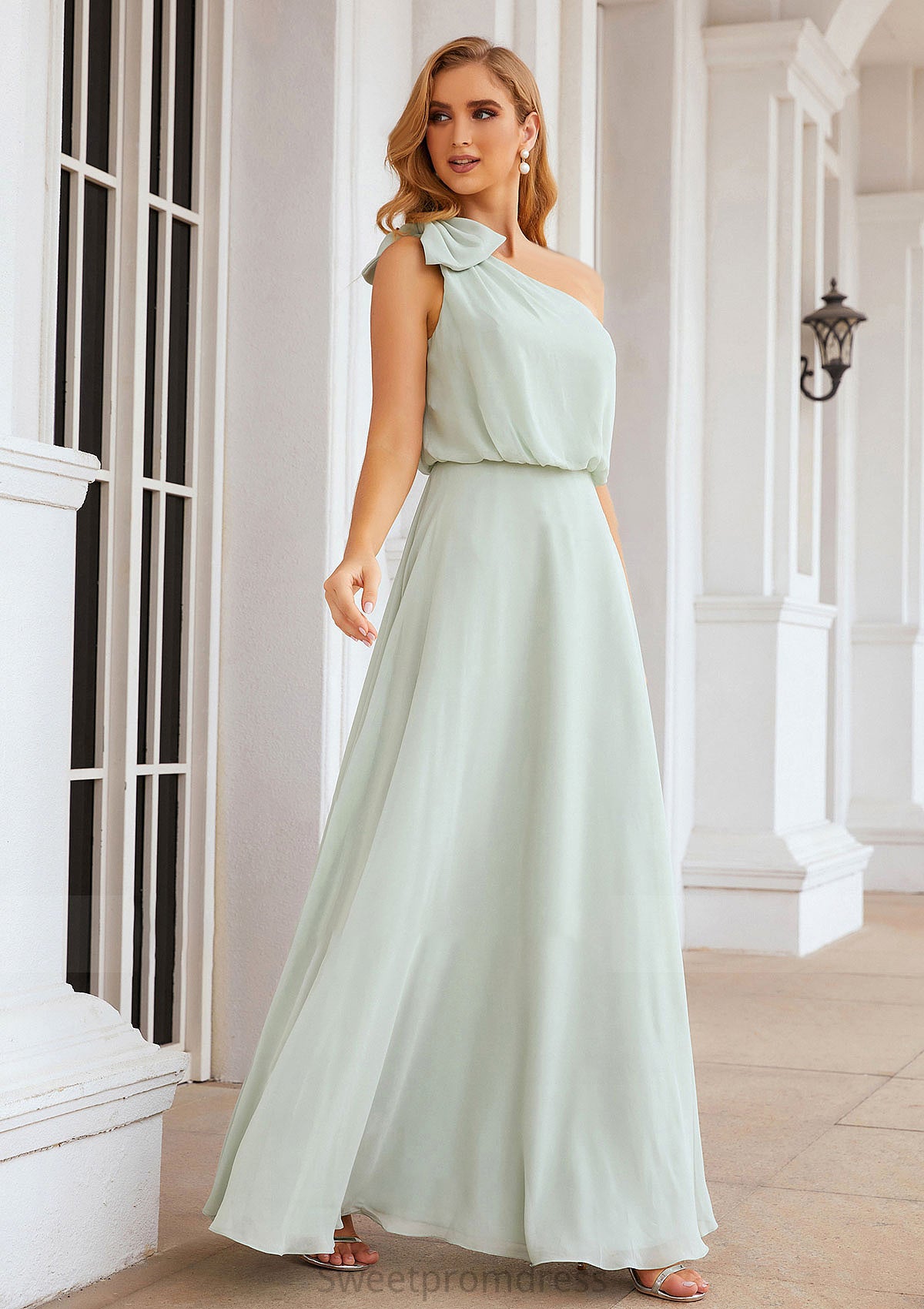 A-line One-Shoulder Sleeveless Long/Floor-Length Chiffon Bridesmaid Dresses With Shoulder Flower Ida DHP0025369