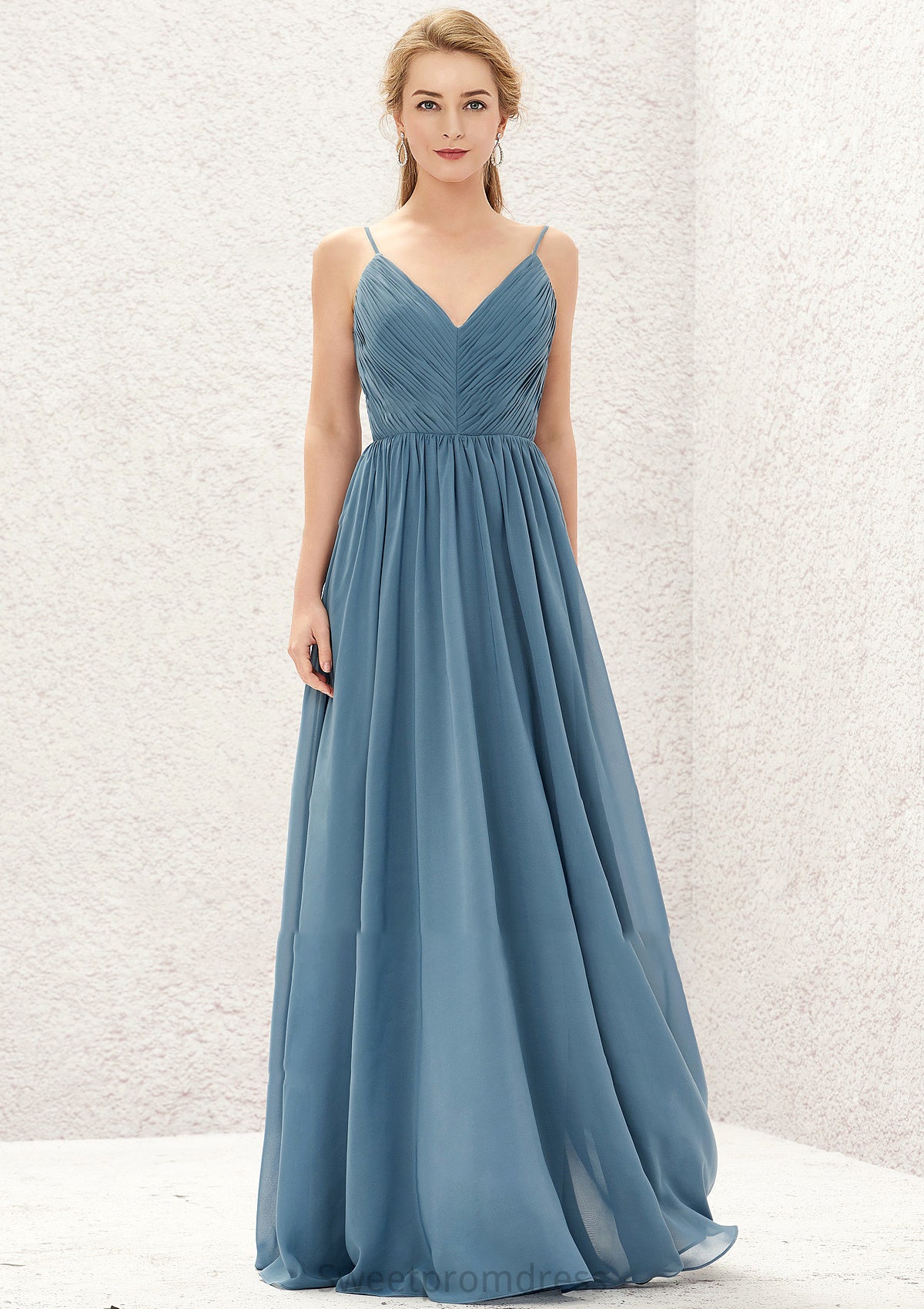 A-line V Neck Sleeveless Chiffon Long/Floor-Length Bridesmaid Dresses With Pleated Vivienne DHP0025370