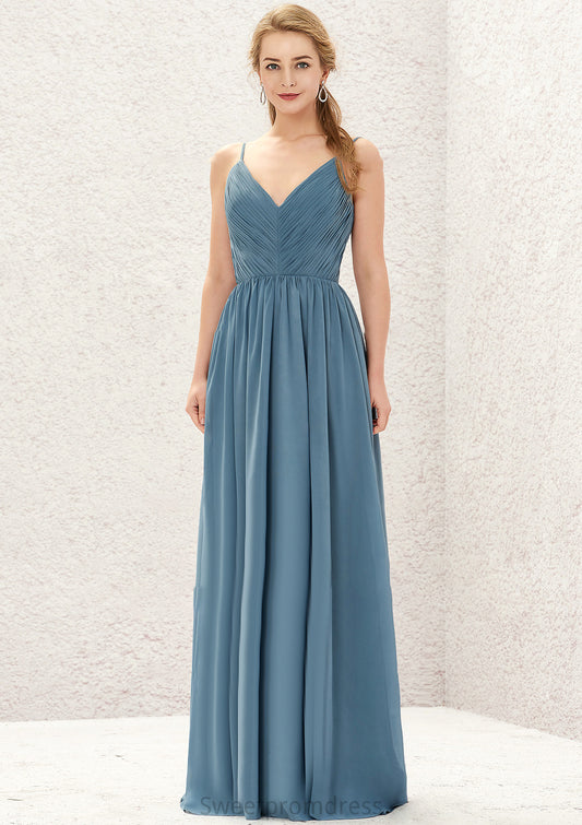 A-line V Neck Sleeveless Chiffon Long/Floor-Length Bridesmaid Dresses With Pleated Vivienne DHP0025370