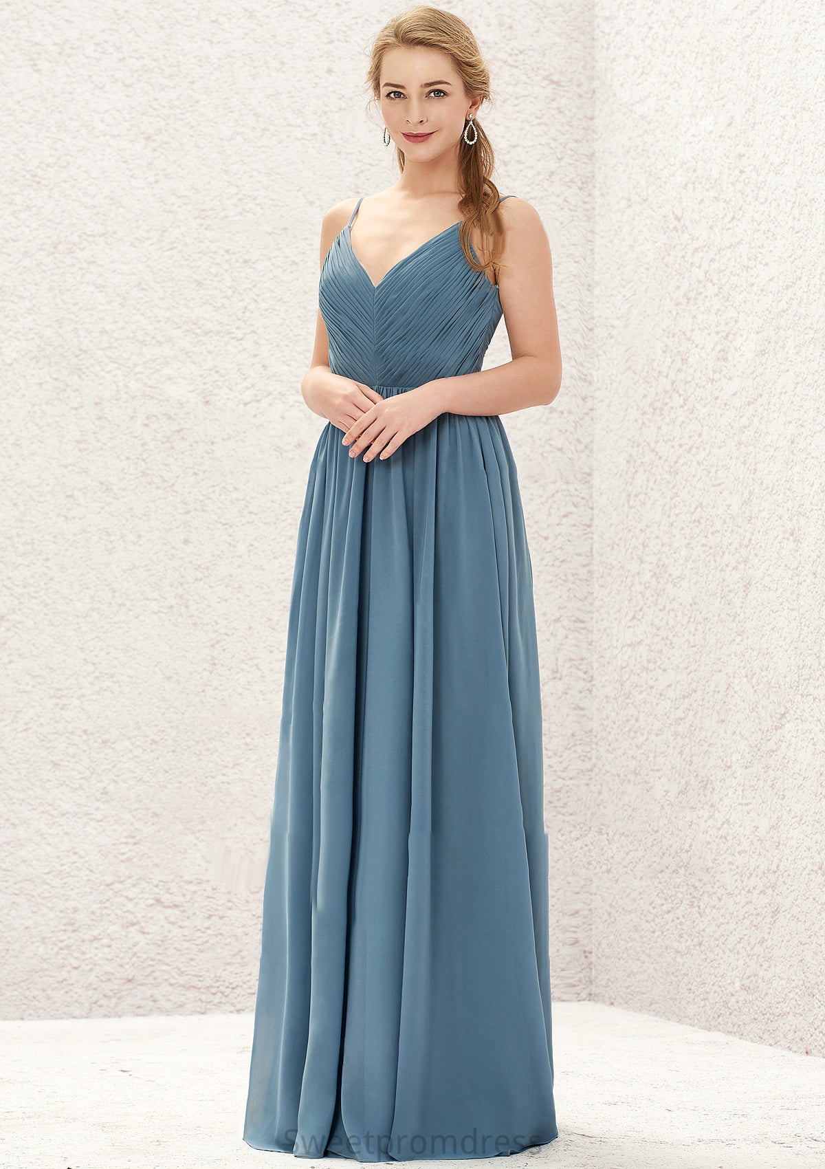 A-line V Neck Sleeveless Chiffon Long/Floor-Length Bridesmaid Dresses With Pleated Vivienne DHP0025370