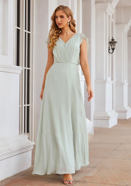 A-line V Neck Sleeveless Long/Floor-Length Chiffon Bridesmaid Dresses With Pleated Split Aylin DHP0025372