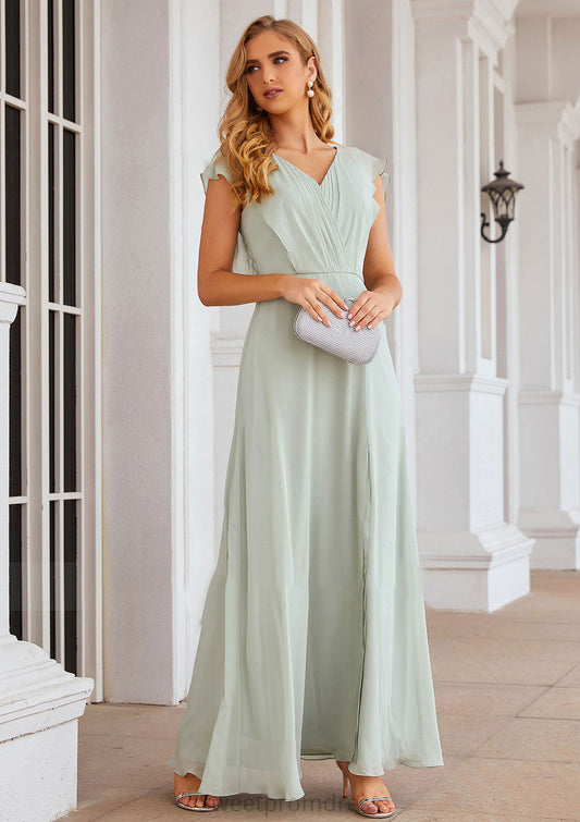 A-line V Neck Sleeveless Long/Floor-Length Chiffon Bridesmaid Dresses With Pleated Split Aylin DHP0025372