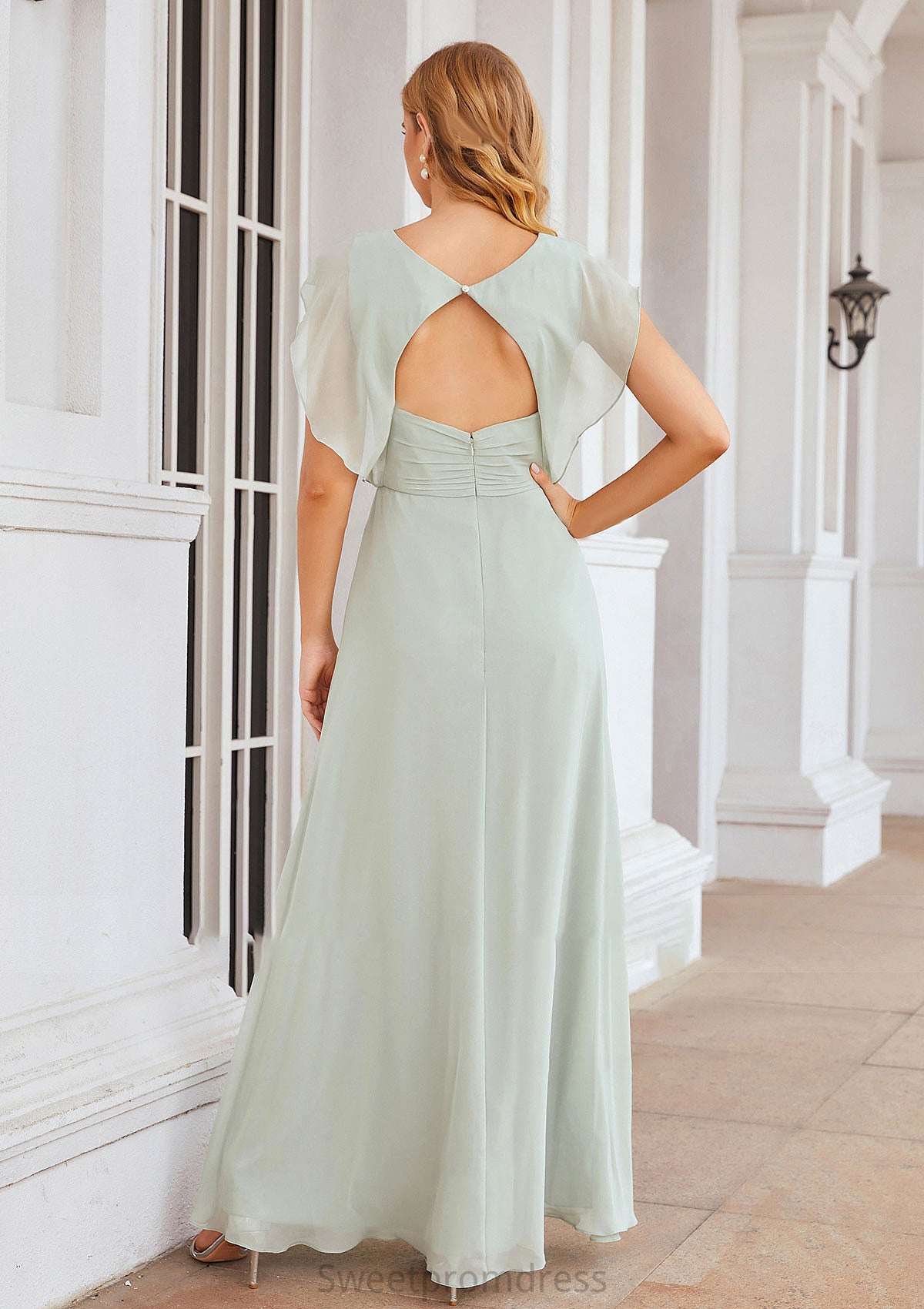 A-line V Neck Sleeveless Long/Floor-Length Chiffon Bridesmaid Dresses With Pleated Split Aylin DHP0025372