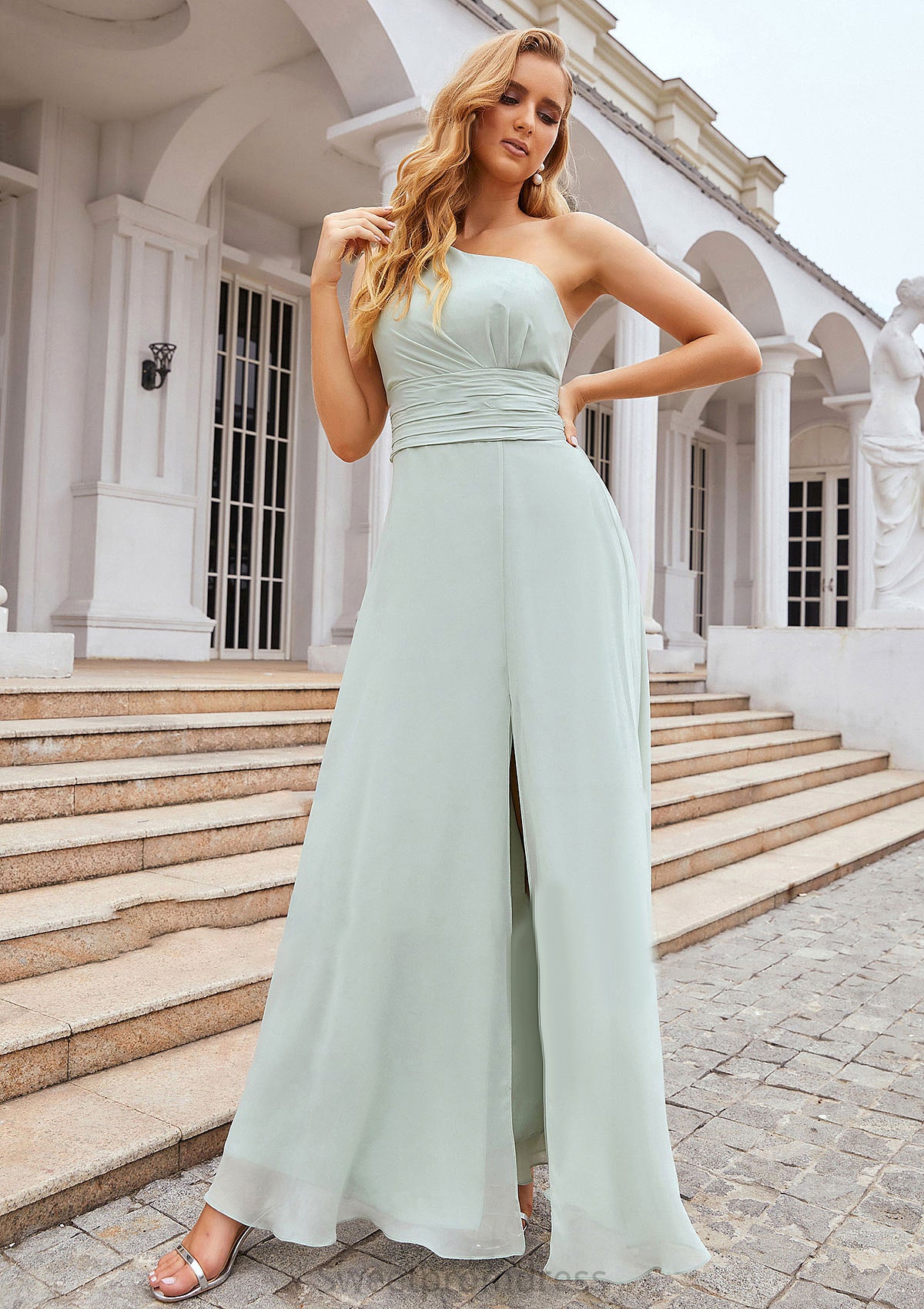 Sheath/Column One-Shoulder Sleeveless Long Chiffon Bridesmaid Dresseses With Pleated Waistband Split Zoey DHP0025373