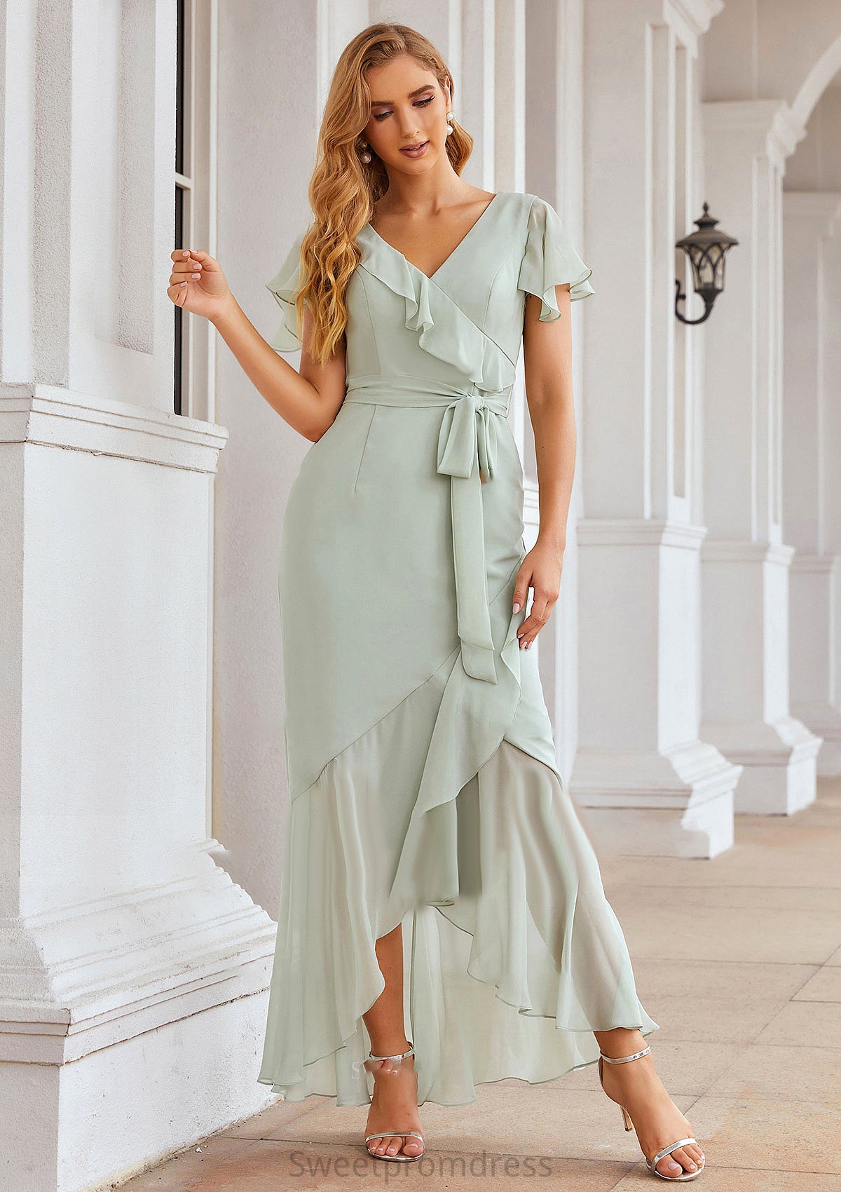 Sheath/Column V Neck Short Sleeve Asymmetrical Chiffon Bridesmaid Dresses With Ruffles Waistband Split Emma DHP0025375