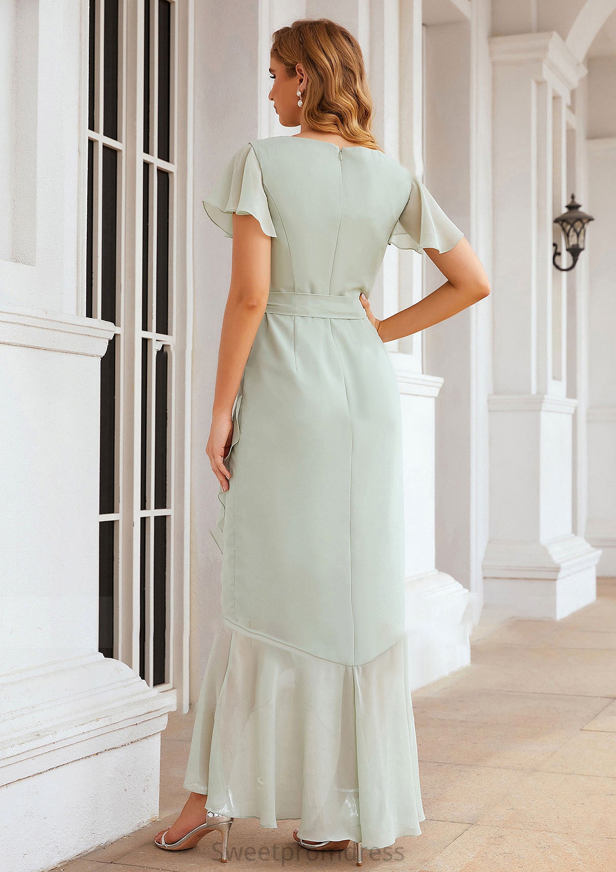 Sheath/Column V Neck Short Sleeve Asymmetrical Chiffon Bridesmaid Dresses With Ruffles Waistband Split Emma DHP0025375