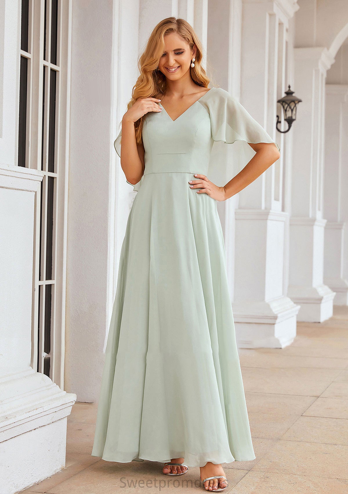 A-line V Neck Short Sleeve Long/Floor-Length Chiffon Bridesmaid Dresses Cynthia DHP0025376