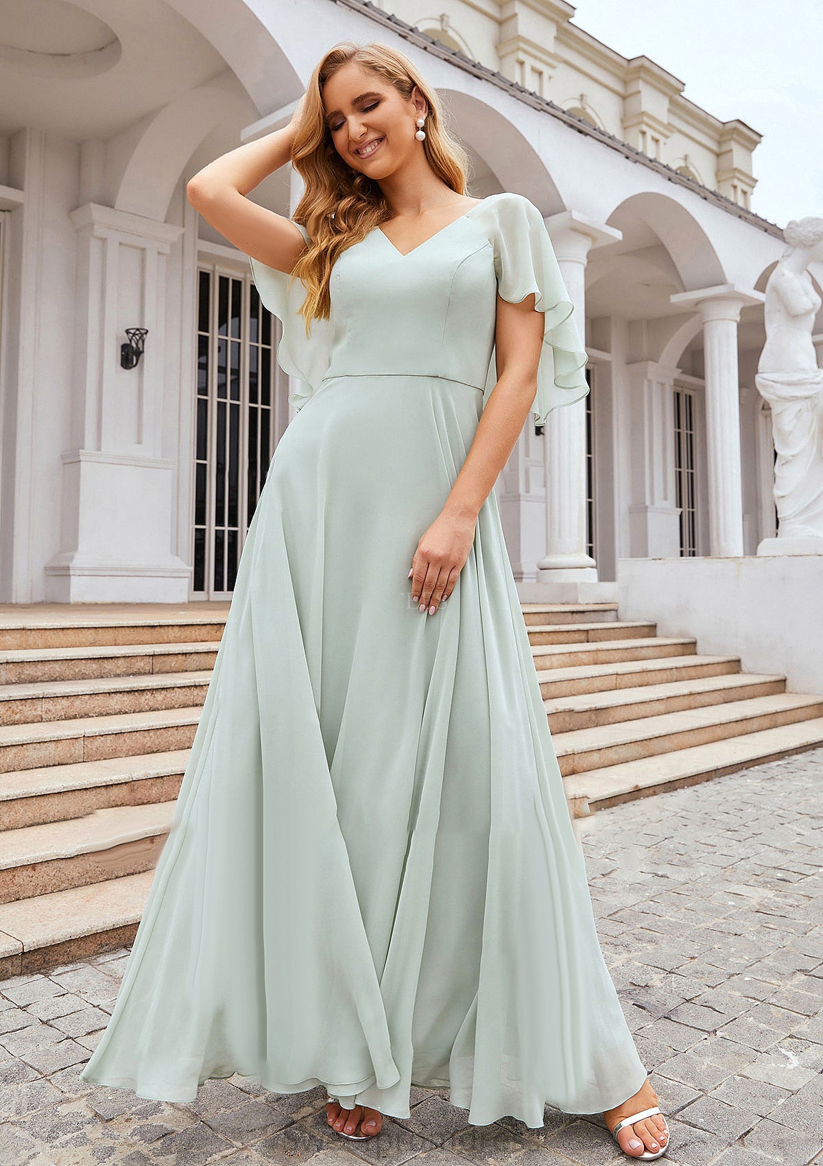 A-line V Neck Short Sleeve Long/Floor-Length Chiffon Bridesmaid Dresses Cynthia DHP0025376