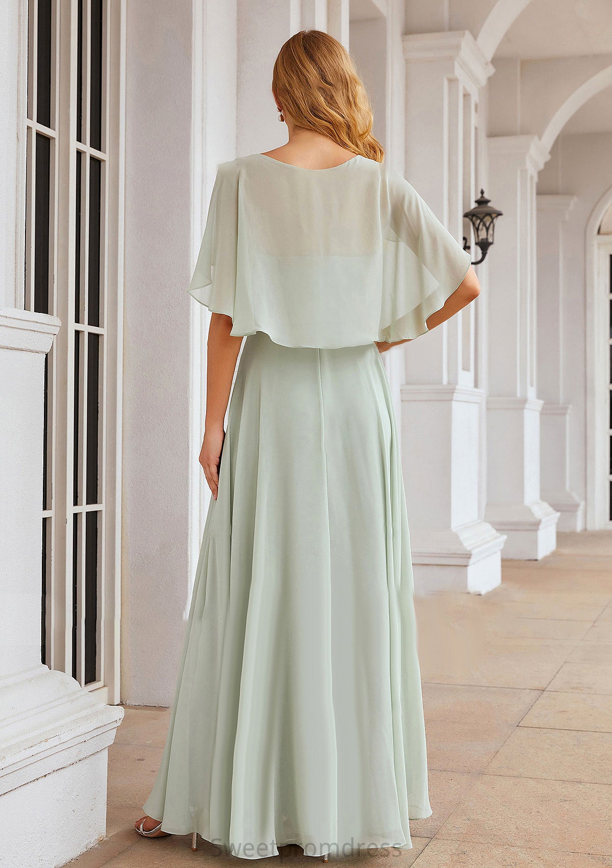 A-line V Neck Short Sleeve Long/Floor-Length Chiffon Bridesmaid Dresses Cynthia DHP0025376