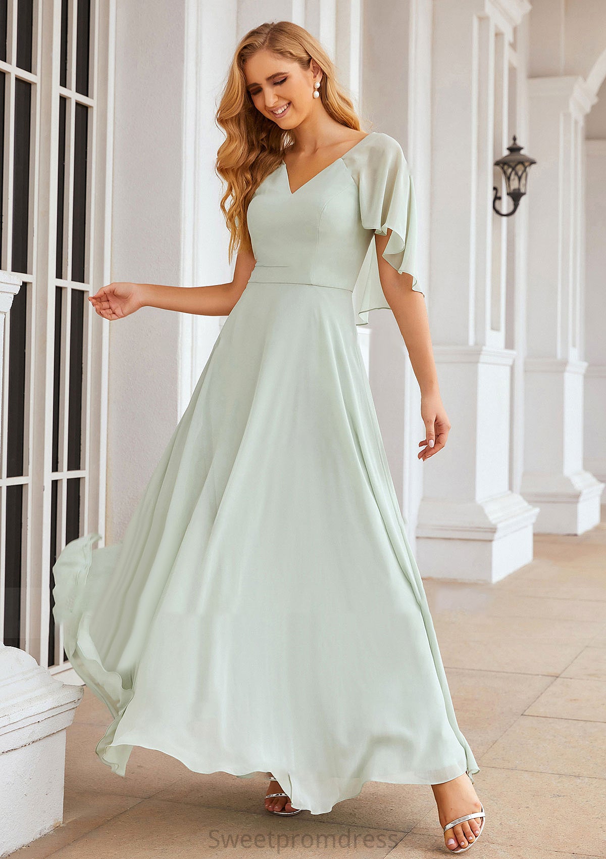 A-line V Neck Short Sleeve Long/Floor-Length Chiffon Bridesmaid Dresses Cynthia DHP0025376