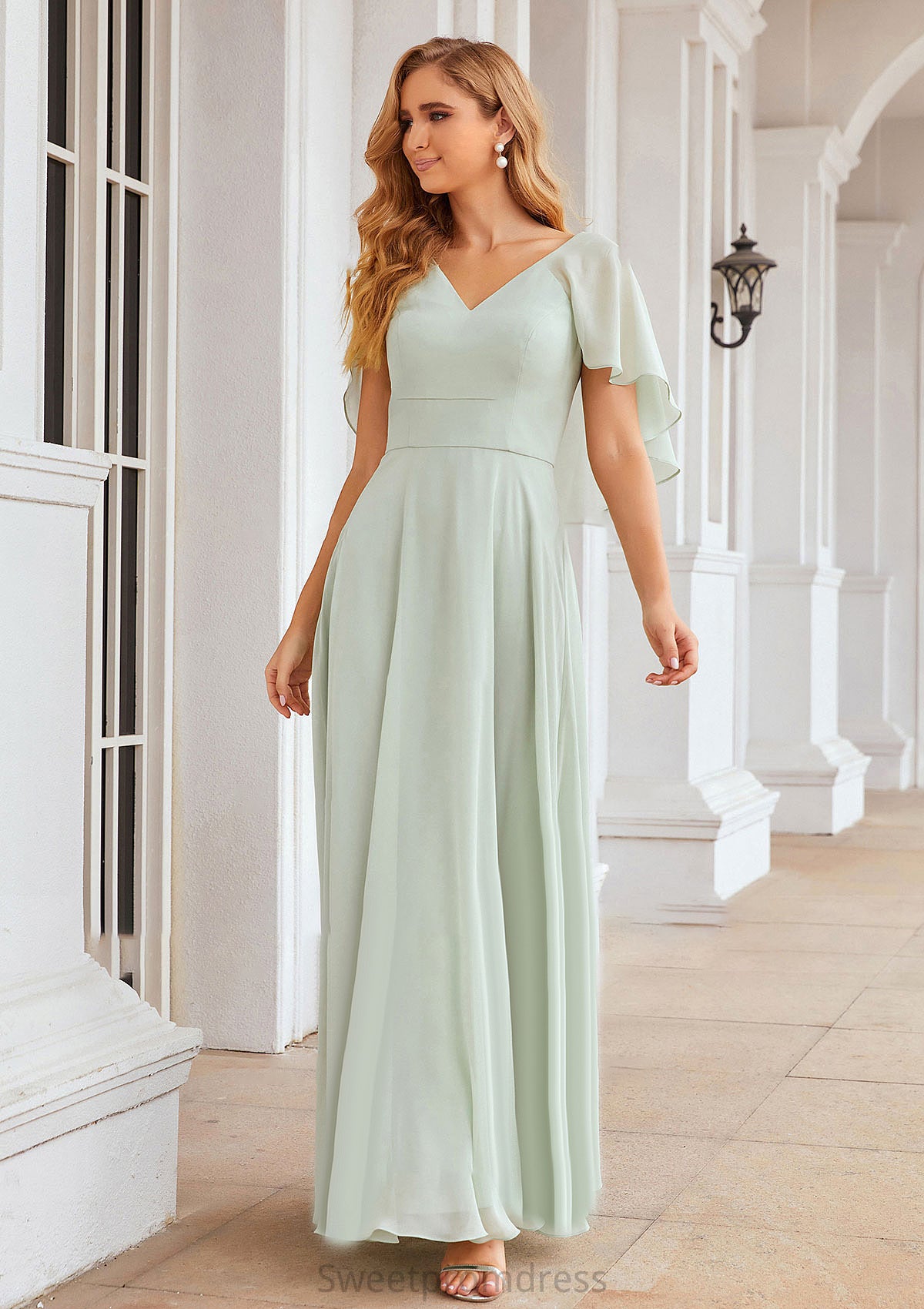 A-line V Neck Short Sleeve Long/Floor-Length Chiffon Bridesmaid Dresses Cynthia DHP0025376