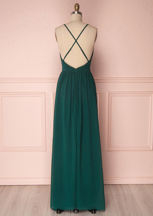 A-line V Neck Sleeveless Long/Floor-Length Chiffon Bridesmaid Dresses With Pleated Rory DHP0025377