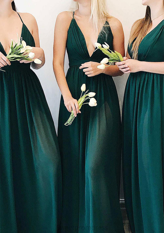 A-line V Neck Sleeveless Long/Floor-Length Chiffon Bridesmaid Dresses With Pleated Rory DHP0025377