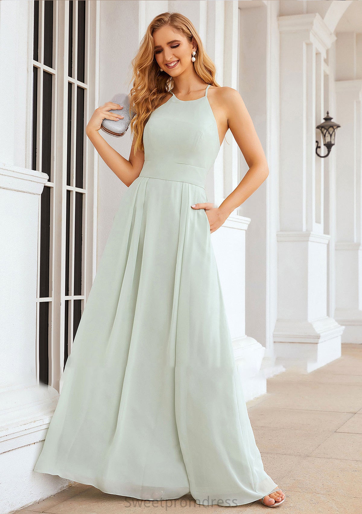 A-line Scoop Neck Sleeveless Long/Floor-Length Chiffon Bridesmaid Dresses With Pleated Pockets Daniella DHP0025378