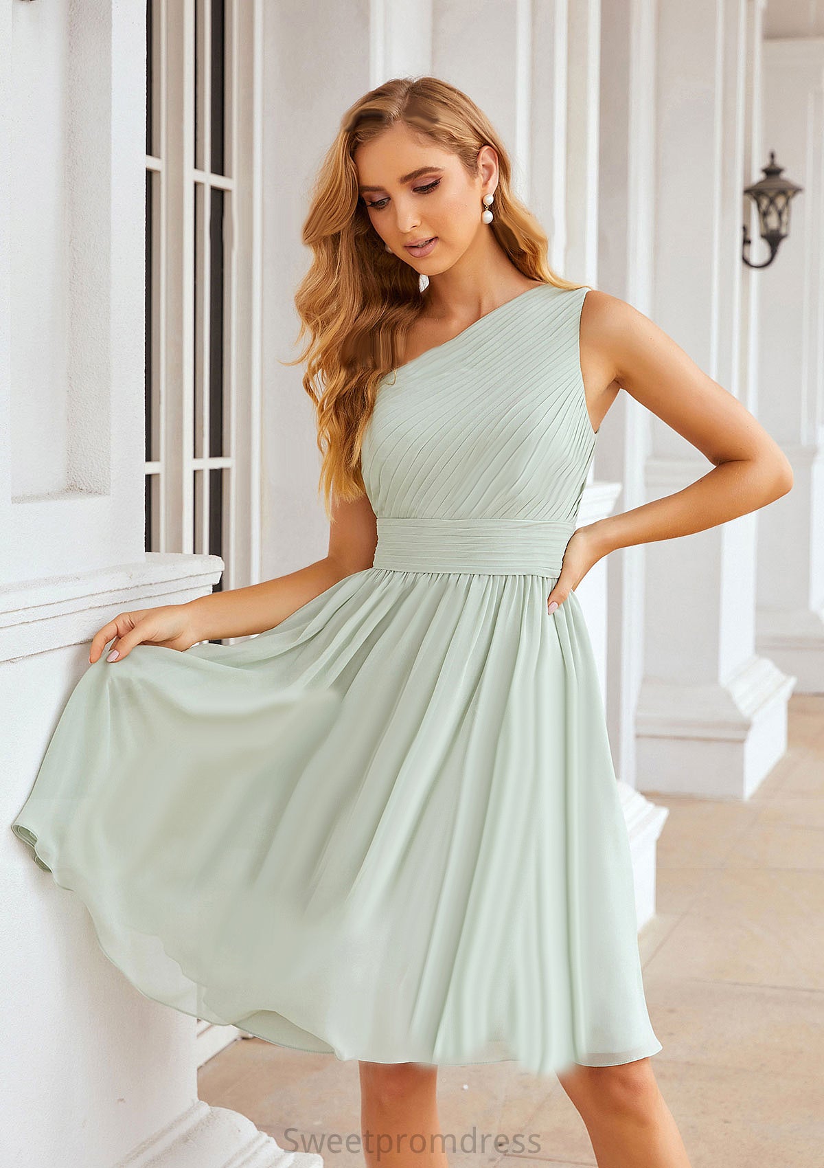 A-line One-Shoulder Sleeveless Chiffon Knee-Length Bridesmaid Dresses With Pleated Fernanda DHP0025379