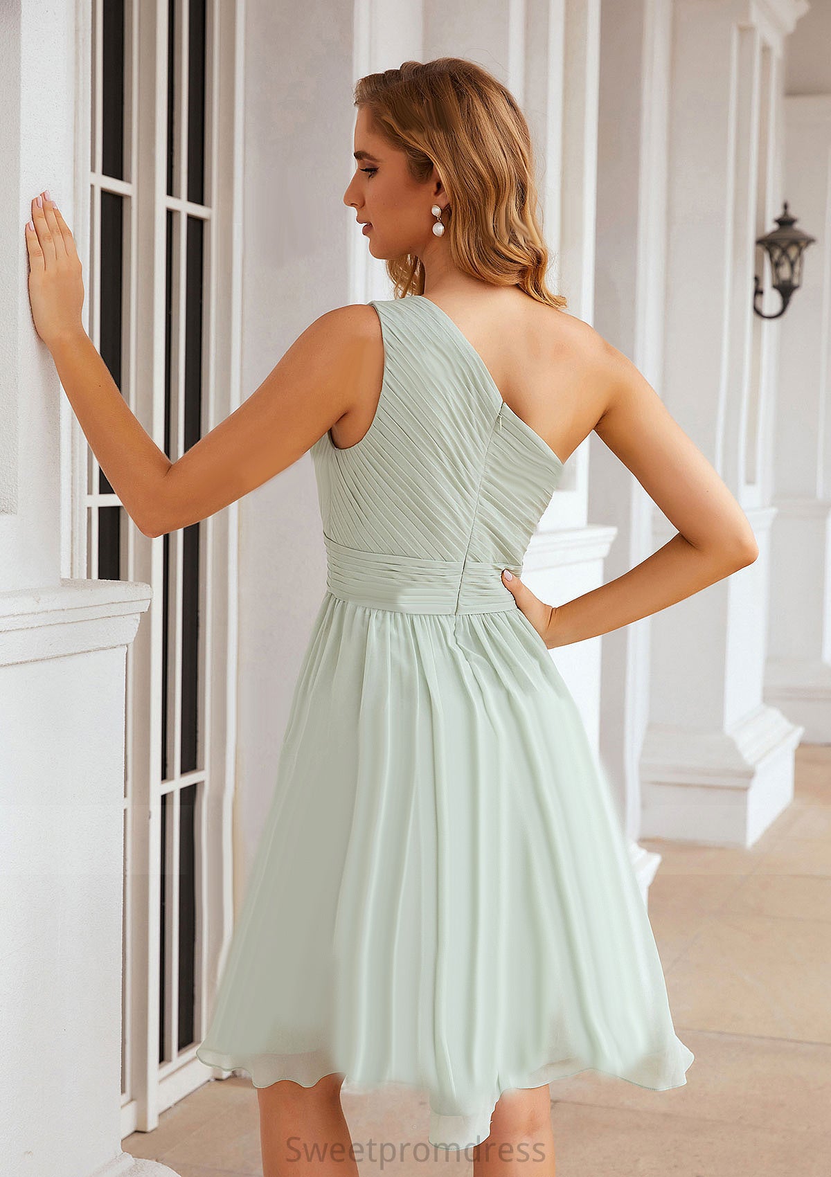 A-line One-Shoulder Sleeveless Chiffon Knee-Length Bridesmaid Dresses With Pleated Fernanda DHP0025379