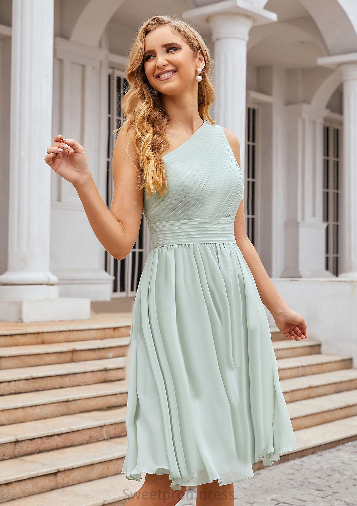 A-line One-Shoulder Sleeveless Chiffon Knee-Length Bridesmaid Dresses With Pleated Fernanda DHP0025379