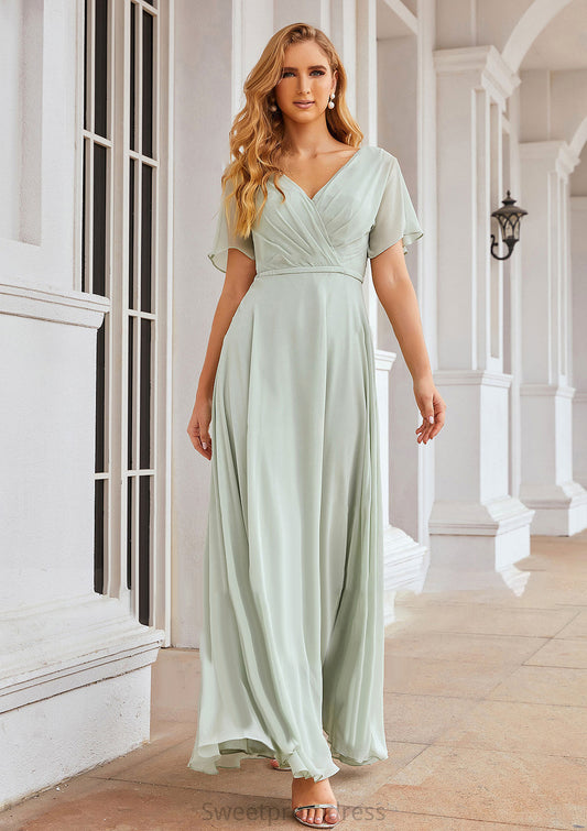 A-line V Neck Short Sleeve Chiffon Long/Floor-Length Bridesmaid Dresses With Pleated Waistband Henrietta DHP0025381