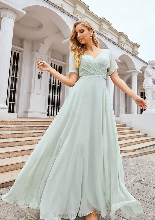 A-line V Neck Short Sleeve Chiffon Long/Floor-Length Bridesmaid Dresses With Pleated Waistband Henrietta DHP0025381