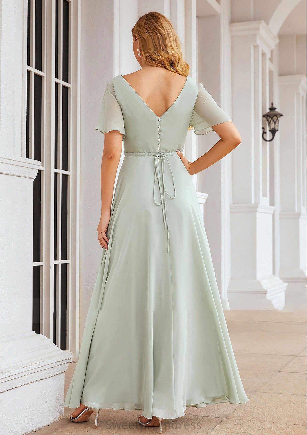 A-line V Neck Short Sleeve Chiffon Long/Floor-Length Bridesmaid Dresses With Pleated Waistband Henrietta DHP0025381