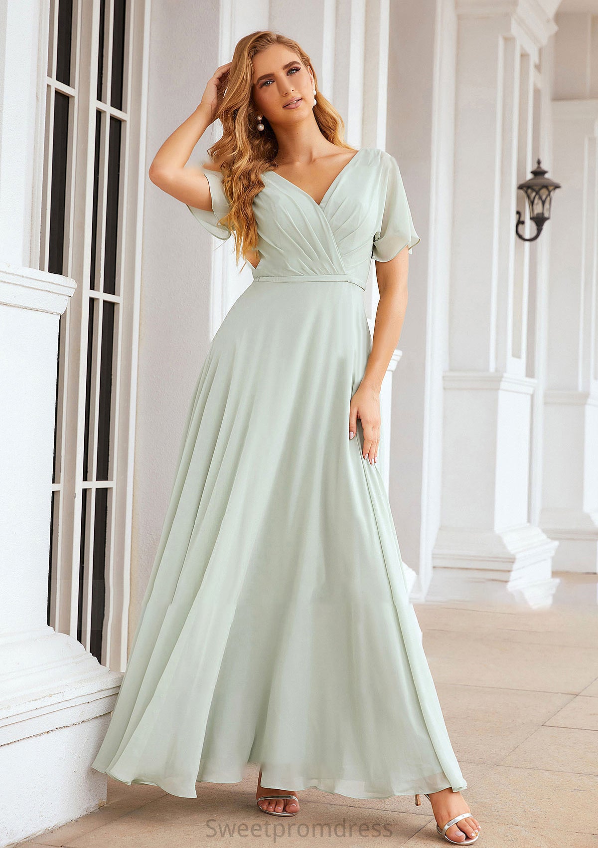 A-line V Neck Short Sleeve Chiffon Long/Floor-Length Bridesmaid Dresses With Pleated Waistband Henrietta DHP0025381