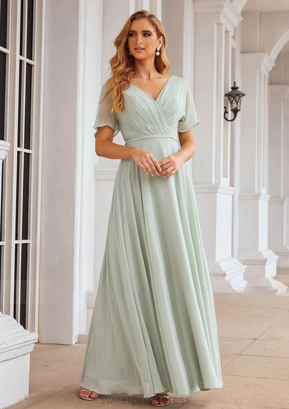 A-line V Neck Short Sleeve Chiffon Long/Floor-Length Bridesmaid Dresses With Pleated Waistband Henrietta DHP0025381