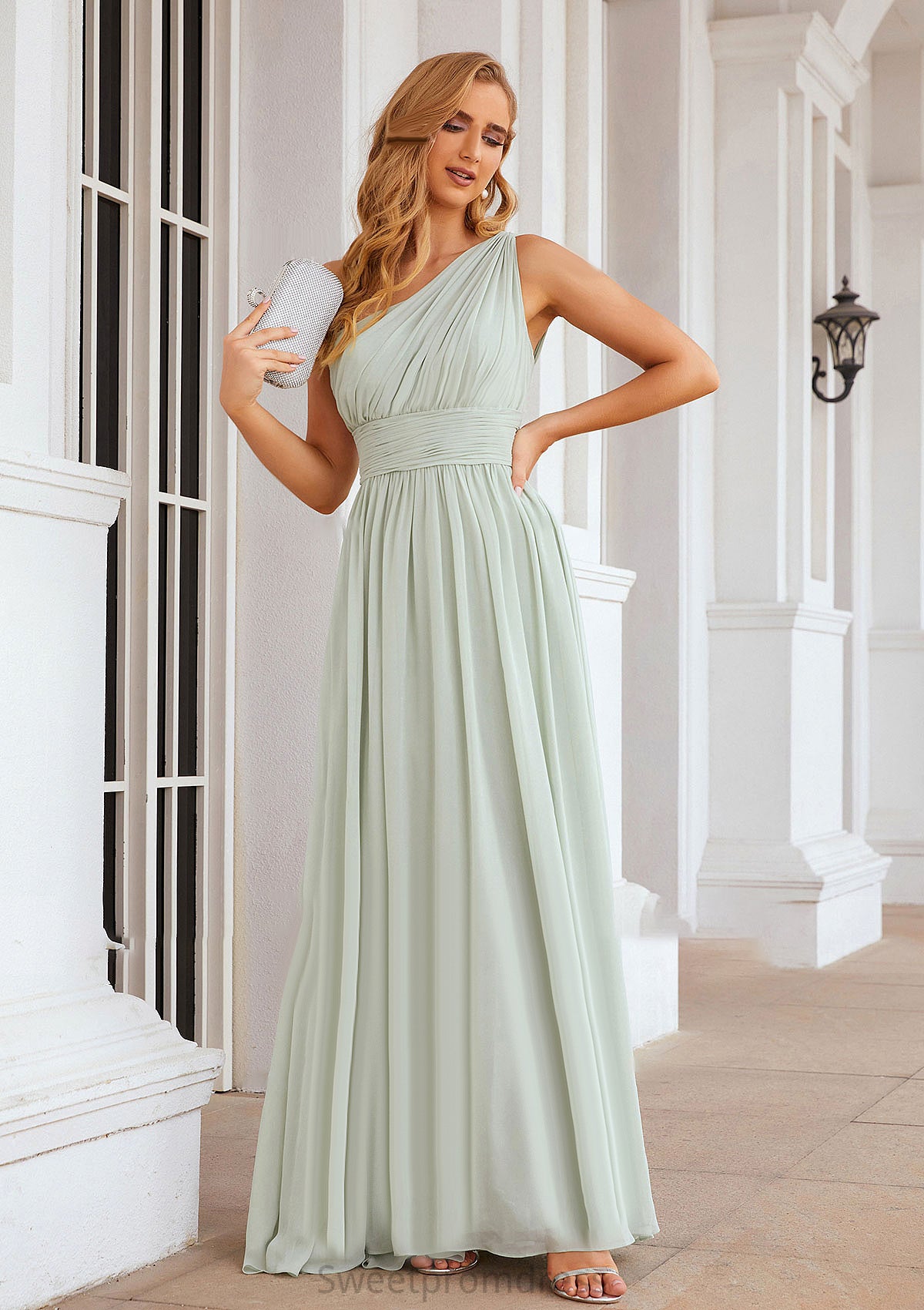 A-line One-Shoulder Sleeveless Chiffon Long/Floor-Length Bridesmaid Dresses With Pleated Yadira DHP0025382