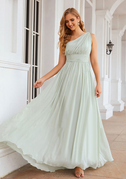 A-line One-Shoulder Sleeveless Chiffon Long/Floor-Length Bridesmaid Dresses With Pleated Yadira DHP0025382