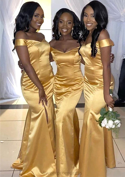 Trumpet/Mermaid Off-the-Shoulder Regular Straps Long/Floor-Length Charmeuse Bridesmaid Dresses With Pleated Split Annie DHP0025384