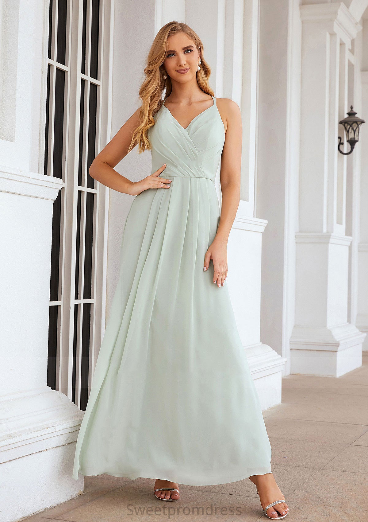 A-line V Neck Sleeveless Chiffon Long/Floor-Length Bridesmaid Dresses With Pleated Ashanti DHP0025385