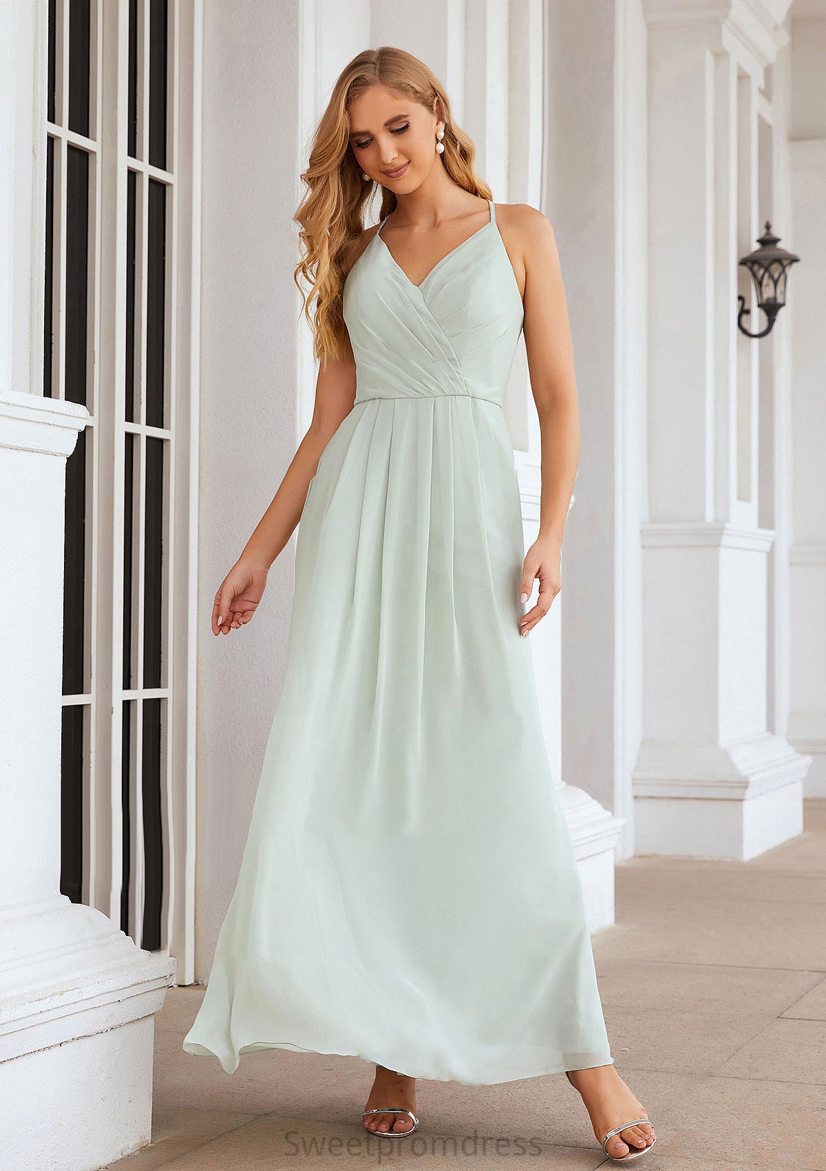 A-line V Neck Sleeveless Chiffon Long/Floor-Length Bridesmaid Dresses With Pleated Ashanti DHP0025385