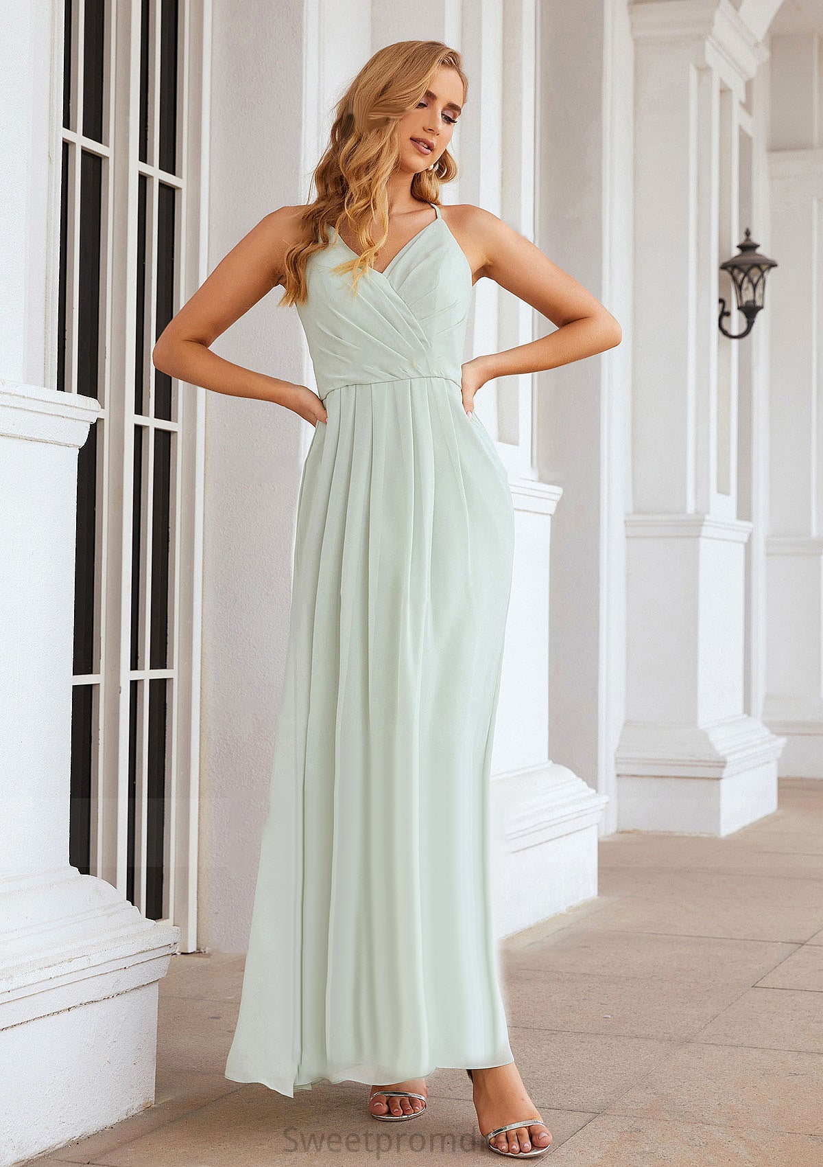 A-line V Neck Sleeveless Chiffon Long/Floor-Length Bridesmaid Dresses With Pleated Ashanti DHP0025385