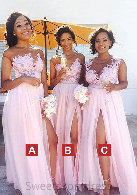 A-line Illusion Neck Sleeveless Long/Floor-Length Chiffon Bridesmaid Dresses With Split Appliqued Lace Abbigail DHP0025386