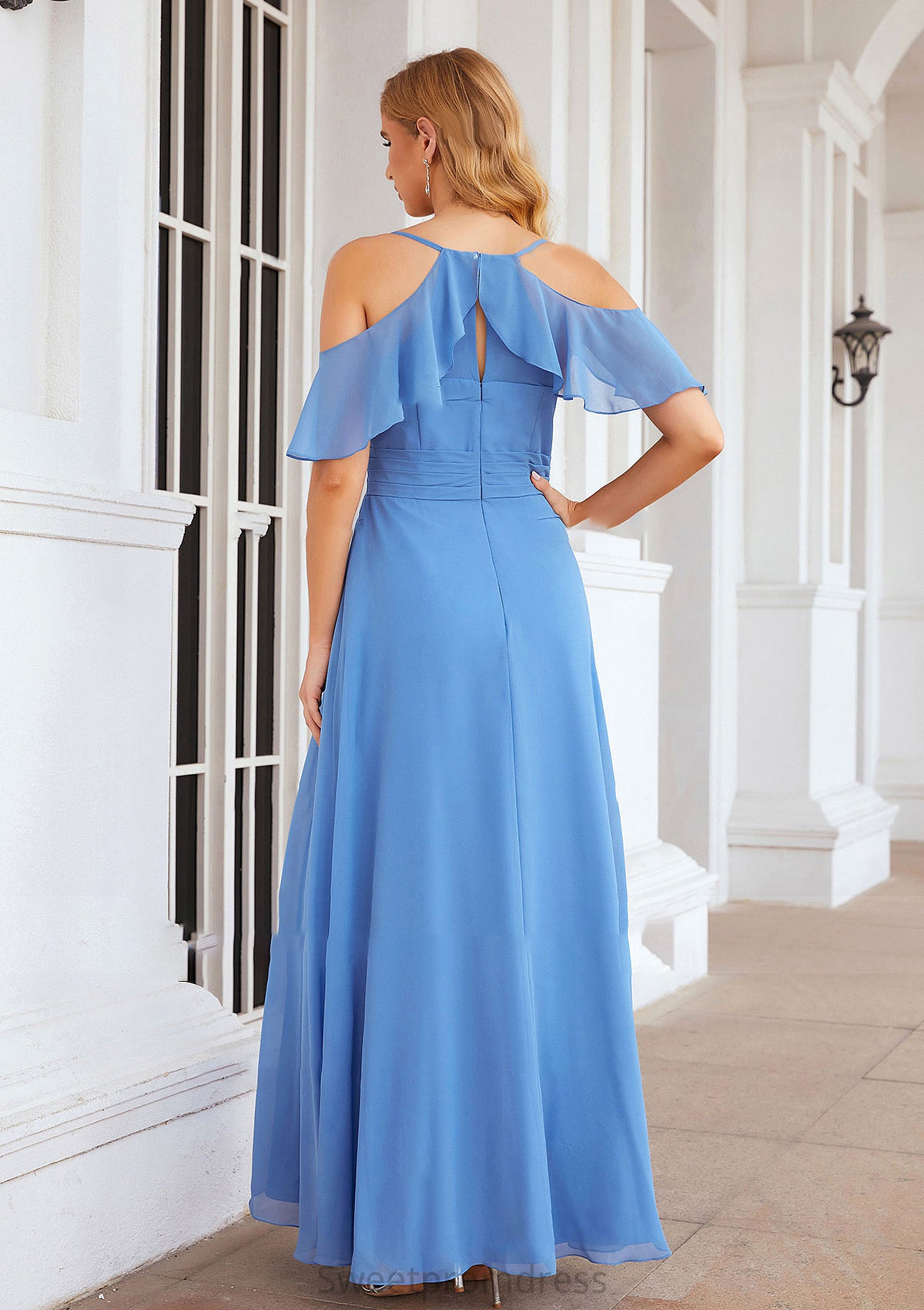 A-line V Neck Sleeveless Chiffon Long/Floor-Length Bridesmaid Dresses With Pleated Split Charlee DHP0025388