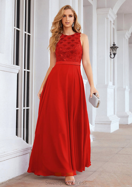 A-line Empire Scalloped Neck Sleeveless Chiffon Long/Floor-Length Bridesmaid Dresses With Beading Sequins Arabella DHP0025392