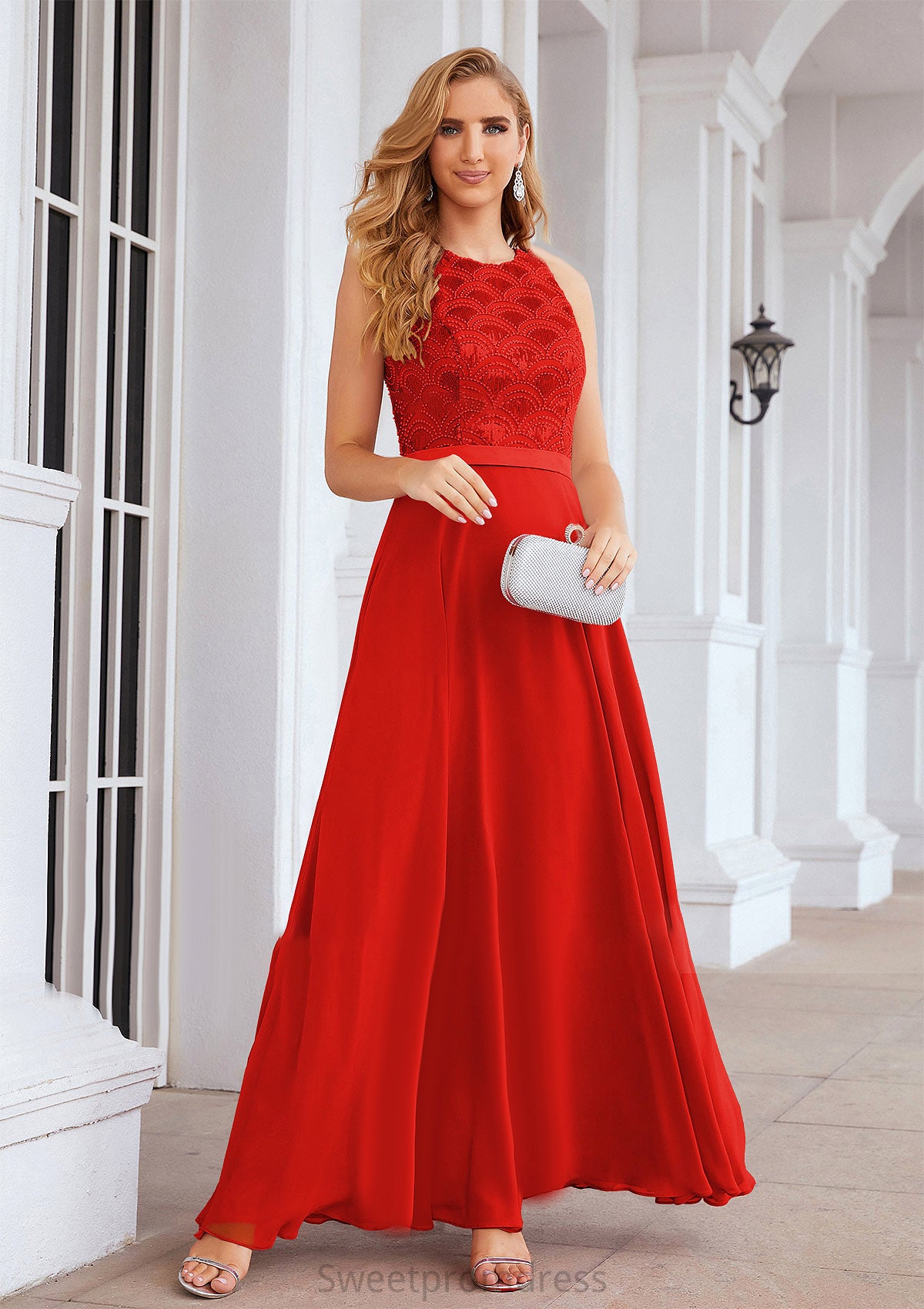 A-line Empire Scalloped Neck Sleeveless Chiffon Long/Floor-Length Bridesmaid Dresses With Beading Sequins Arabella DHP0025392