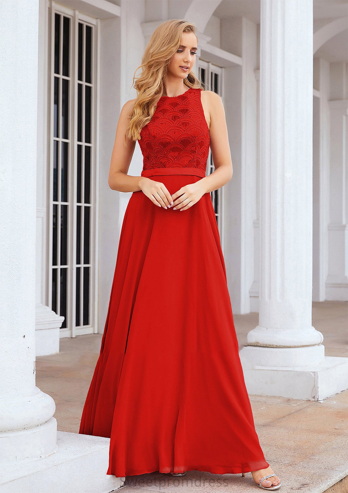 A-line Empire Scalloped Neck Sleeveless Chiffon Long/Floor-Length Bridesmaid Dresses With Beading Sequins Arabella DHP0025392