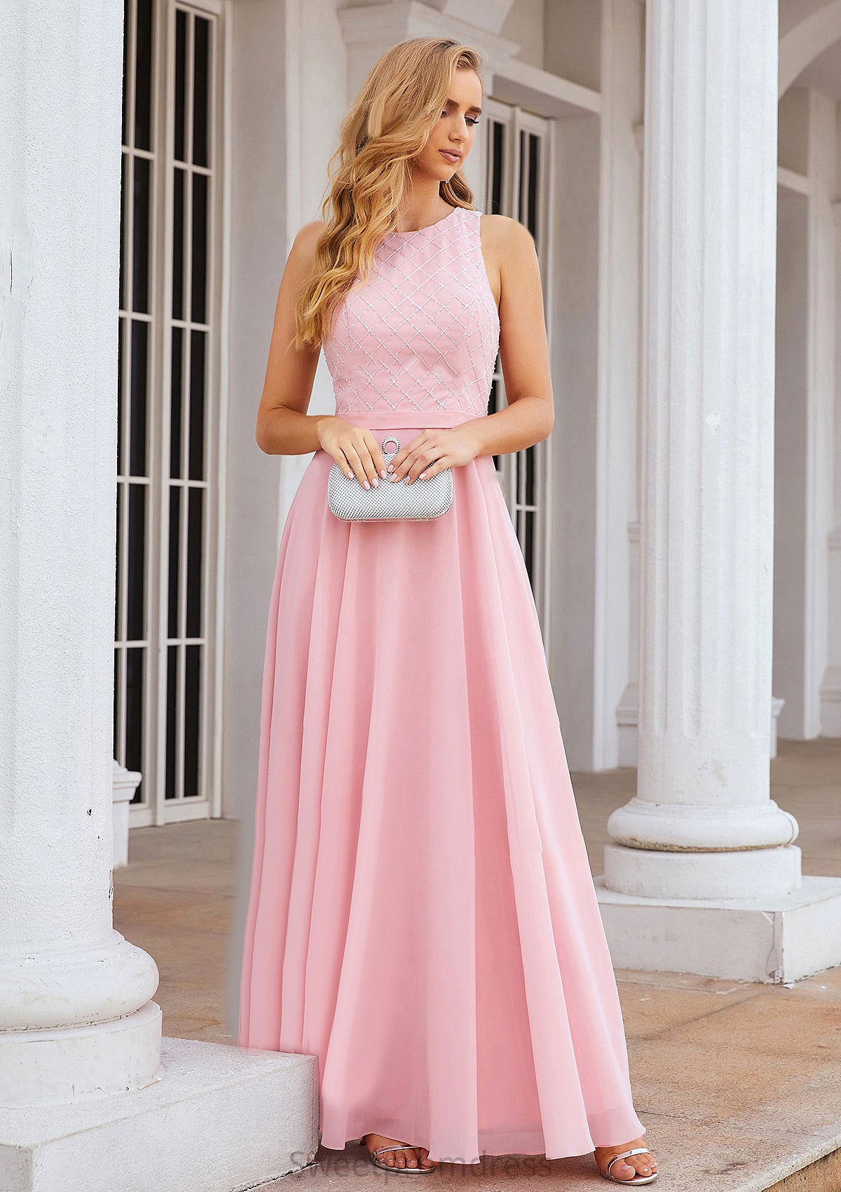 A-line Scalloped Neck Sleeveless Chiffon Long/Floor-Length Bridesmaid Dresses With Beading Greta DHP0025393